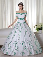 Custom Design White Short Sleeves Embroidery Floor Length Ball Gown Prom Dress
