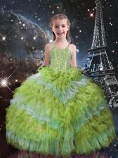  Floor Length Yellow Green Little Girl Pageant Gowns Straps Sleeveless Lace Up