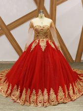  Long Sleeves Court Train Beading and Appliques Lace Up Ball Gown Prom Dress