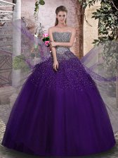  Purple Ball Gowns Beading Sweet 16 Dress Lace Up Tulle Sleeveless Floor Length