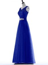 Simple Sleeveless Tulle Floor Length Zipper in Royal Blue with Beading and Lace