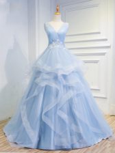 Stunning Light Blue Lace Up V-neck Beading and Ruffles Dress for Prom Tulle Sleeveless Brush Train