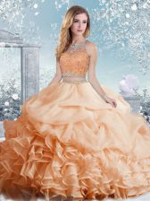 Customized Peach Organza Clasp Handle Scoop Sleeveless Floor Length Ball Gown Prom Dress Beading and Ruffles and Pick Ups