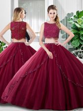 Luxurious Sleeveless Tulle Floor Length Zipper Sweet 16 Dresses in Burgundy with Lace and Ruching
