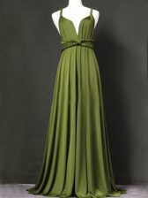  Olive Green Empire Straps Sleeveless Chiffon Floor Length Criss Cross Ruching Damas Dress