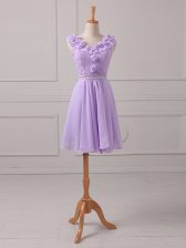 New Arrival V-neck Sleeveless Dama Dress for Quinceanera Mini Length Lace and Appliques Lavender Chiffon