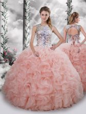 Custom Design Organza Scoop Sleeveless Lace Up Beading and Ruffles Quinceanera Gown in Baby Pink