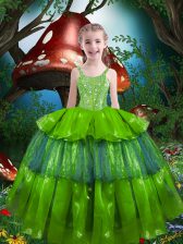 Stylish Ball Gowns Beading and Ruffled Layers Little Girls Pageant Dress Wholesale Lace Up Organza Sleeveless Floor Length