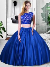  Royal Blue Quince Ball Gowns Military Ball and Sweet 16 and Quinceanera with Lace and Ruching Scoop Sleeveless Zipper