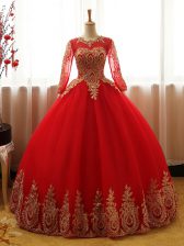 Custom Design Floor Length Red 15 Quinceanera Dress Scoop Long Sleeves Lace Up