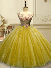 Gold Scoop Lace Up Appliques and Sequins Vestidos de Quinceanera Sleeveless