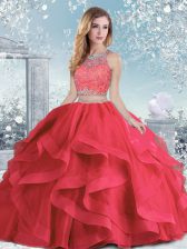 Popular Scoop Sleeveless Clasp Handle Sweet 16 Dress Coral Red Tulle