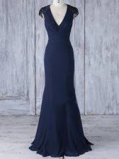  Navy Blue Mermaid Lace Dama Dress for Quinceanera Side Zipper Chiffon Cap Sleeves Floor Length