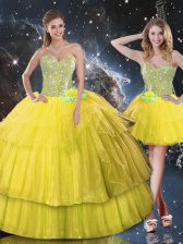  Sleeveless Floor Length Ruffled Layers and Sequins Lace Up Vestidos de Quinceanera with Gold