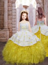  Lace Up Little Girl Pageant Gowns Gold for Quinceanera and Wedding Party with Embroidery and Ruffles Brush Train