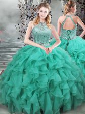 Colorful Organza Scoop Sleeveless Brush Train Lace Up Beading and Ruffles Quinceanera Gowns in Turquoise