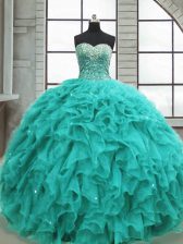 Flirting Turquoise Sweetheart Lace Up Beading and Ruffles 15 Quinceanera Dress Sleeveless