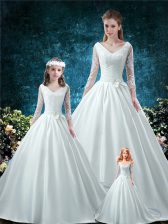 Designer Chapel Train Ball Gowns Quinceanera Dresses White V-neck Satin 3 4 Length Sleeve Lace Up