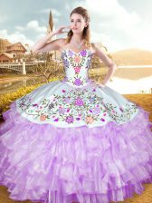 High Class Sleeveless Floor Length Embroidery and Ruffled Layers Lace Up Quince Ball Gowns with Lilac