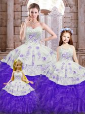 Gorgeous Ball Gowns Quinceanera Dress White And Purple Sweetheart Organza Sleeveless Floor Length Lace Up