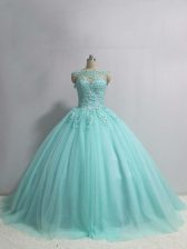  Tulle Scoop Sleeveless Lace Up Appliques Ball Gown Prom Dress in Aqua Blue