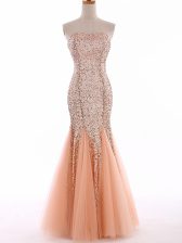  Floor Length Lace Up Dress for Prom Peach for Prom and Military Ball and Sweet 16 and Beach with Sequins