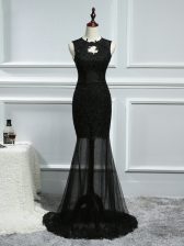 Fitting Black Prom Evening Gown Tulle Brush Train Sleeveless Lace and Appliques