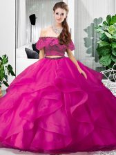 New Style Sleeveless Floor Length Lace and Ruffles Lace Up Sweet 16 Quinceanera Dress with Hot Pink