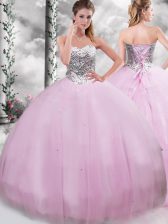Latest Lilac Ball Gowns Sweetheart Sleeveless Tulle Brush Train Lace Up Beading Quinceanera Dress