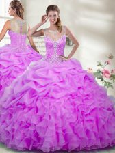 New Style Lilac Ball Gowns Organza Scoop Sleeveless Beading and Ruffles Floor Length Zipper Vestidos de Quinceanera