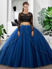  Blue Backless Scoop Lace and Ruching Quinceanera Dresses Tulle Long Sleeves