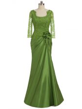  Olive Green Scoop Neckline Lace and Appliques and Hand Made Flower Prom Party Dress Long Sleeves Zipper