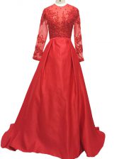  Red High-neck Neckline Lace and Appliques Prom Dress Long Sleeves Zipper
