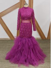  Fuchsia Mermaid Lace and Ruffles Dress for Prom Zipper Tulle Long Sleeves Floor Length