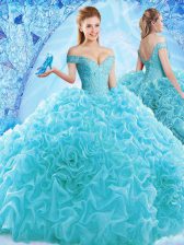  Aqua Blue Organza Lace Up Quince Ball Gowns Cap Sleeves Brush Train Ruffles and Pick Ups