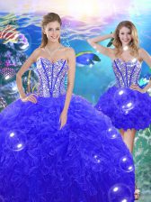 Affordable Beading and Ruffles Sweet 16 Dress Blue Lace Up Sleeveless Floor Length