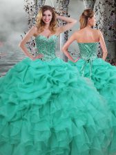  Turquoise Ball Gowns Beading and Ruffles Ball Gown Prom Dress Lace Up Organza Sleeveless Floor Length