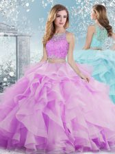  Lilac Sleeveless Tulle Clasp Handle 15th Birthday Dress for Military Ball and Sweet 16 and Quinceanera