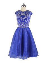 Hot Selling Blue Organza Zipper Scoop Cap Sleeves Mini Length Prom Dress Beading