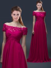  Floor Length Fuchsia Prom Dresses Off The Shoulder Short Sleeves Lace Up