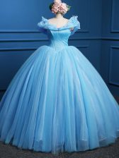 Unique Off The Shoulder Sleeveless Zipper Quinceanera Dresses Baby Blue Tulle