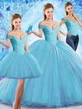  Baby Blue Organza Lace Up Off The Shoulder Sleeveless 15th Birthday Dress Sweep Train Beading
