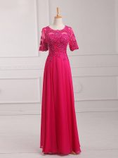 Best Selling Half Sleeves Floor Length Lace and Appliques Zipper Prom Gown with Hot Pink