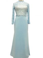Romantic Light Blue Long Sleeves Lace Floor Length Evening Dress