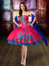 Suitable Knee Length Lace Up Prom Evening Gown Hot Pink for Prom and Party and Military Ball with Beading and Embroidery