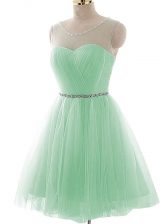 Fitting Tulle Scoop Sleeveless Lace Up Beading and Ruching Prom Dresses in Apple Green