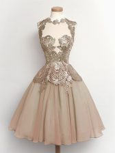  High-neck Sleeveless Quinceanera Court of Honor Dress Knee Length Lace Brown Chiffon