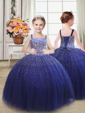  Royal Blue Tulle Lace Up Straps Sleeveless Floor Length Little Girl Pageant Dress Beading