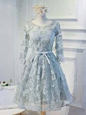  Grey Organza Lace Up Scoop Long Sleeves Knee Length Prom Party Dress Lace and Appliques and Belt