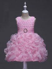  Rose Pink Scoop Neckline Ruffles and Belt Little Girl Pageant Dress Sleeveless Lace Up